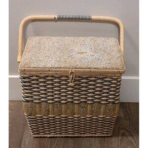 Rare Vintage Extra Tall Wicker Woven Sewing Basket Lined 12 3/4 In Tall Footed